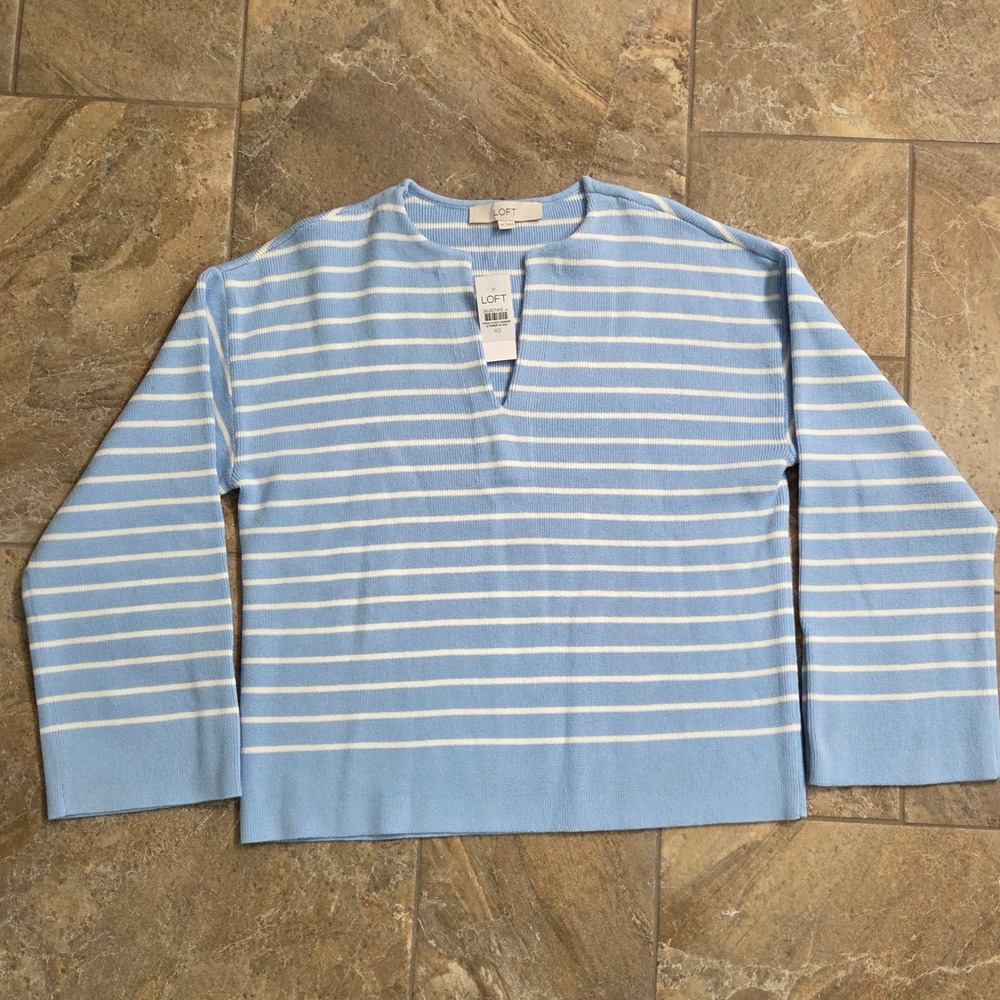 NWT LOFT Womens Light‎ Blue Striped Cotton Split Neck Sweater XS 36267415